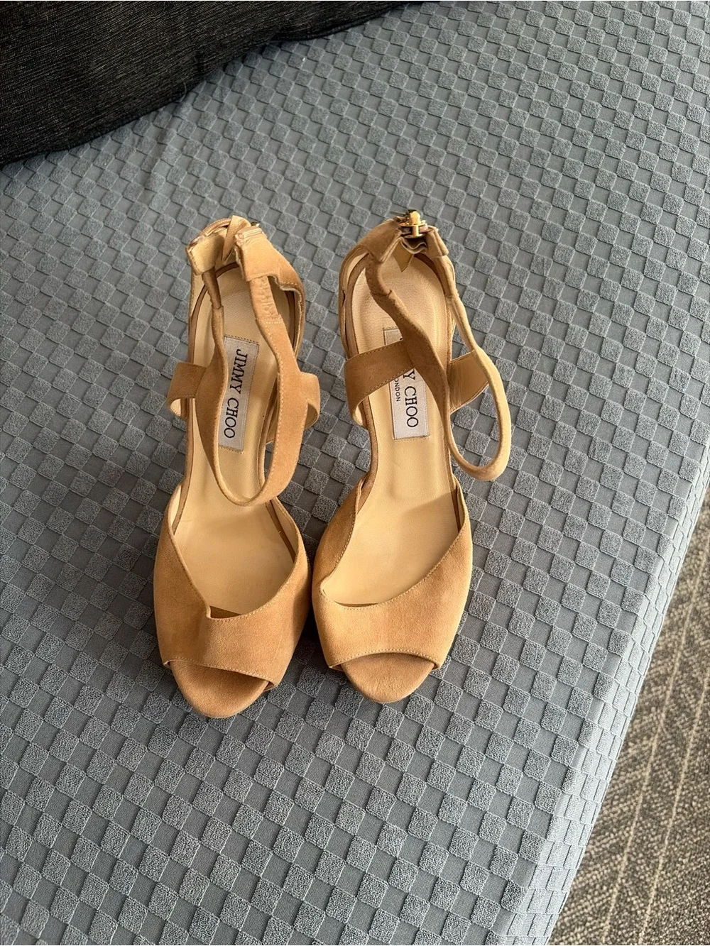 Jimmy Choo Tan Suede Peep-Toe Heels with Rhinestone Stiletto